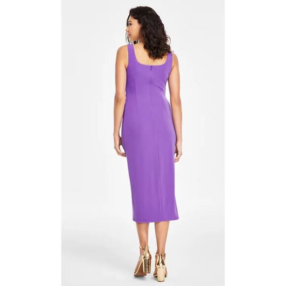 ANNE KLEIN WOMENS SMALL SQUARE NECK SHIRRED O-RING MIDI DRESS PASSION PURPLE NEW - Picture 2 of 14